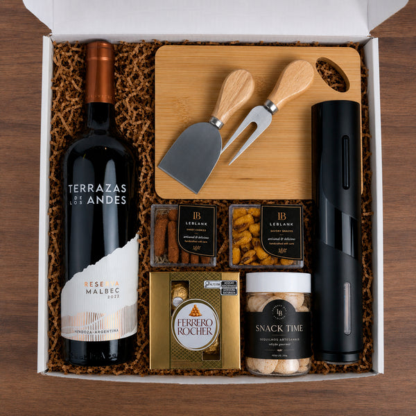 Kit Presente Vinho com Snacks e Abridor Elétrico