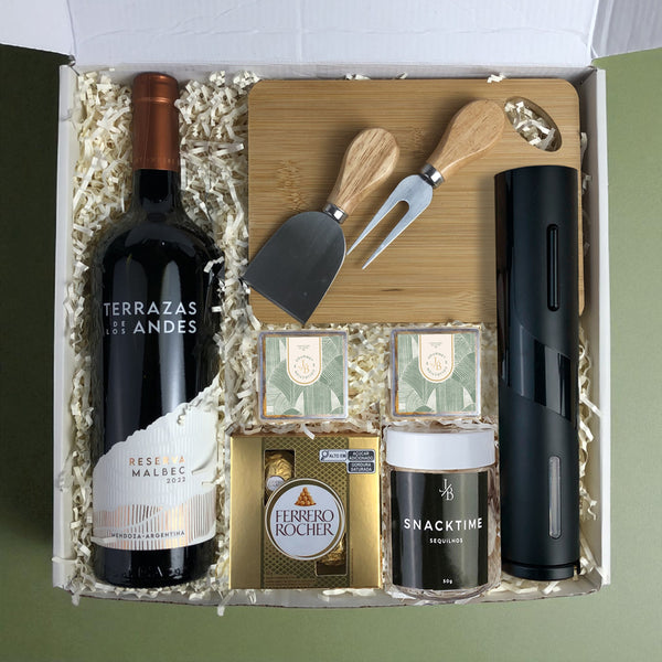Kit Presente Vinho com Snacks e Abridor Eletrico
