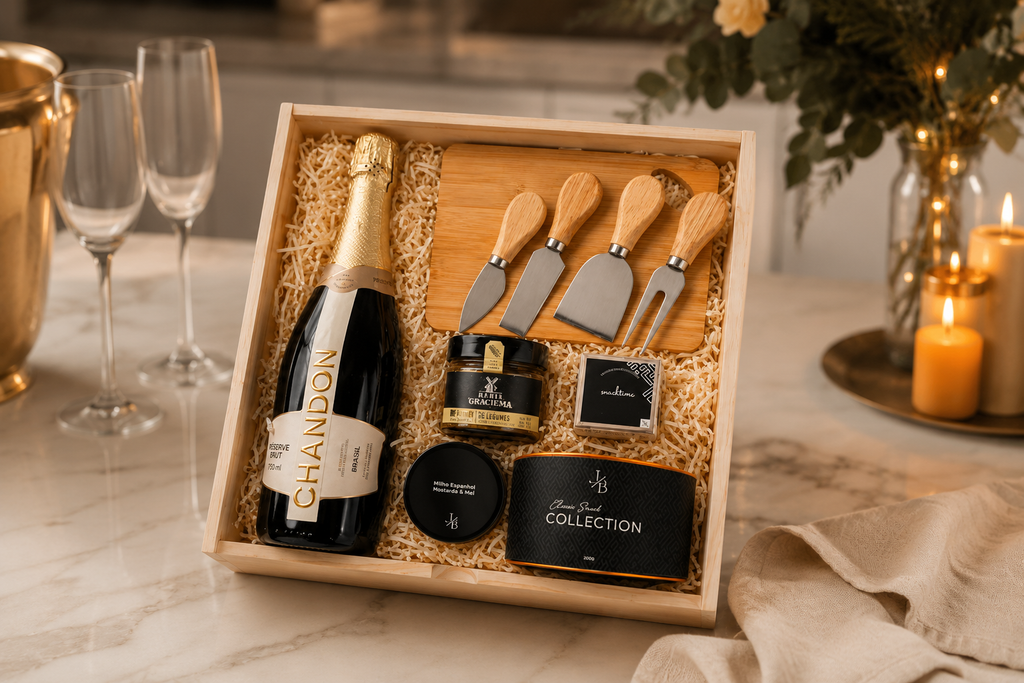 Kit presente de fim de ano LeBlank com Chandon, tábua para queijos, utensílios e itens gourmet em caixa de madeira