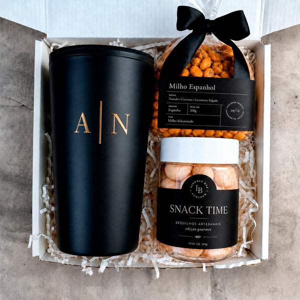 Kit Presente Boas-Vindas com Snacks e Copo Térmico de Bambu