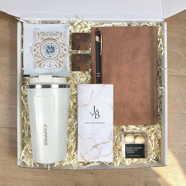 Kit Presente Office com Copo Termico, Cafe, Caderneta e Snacks