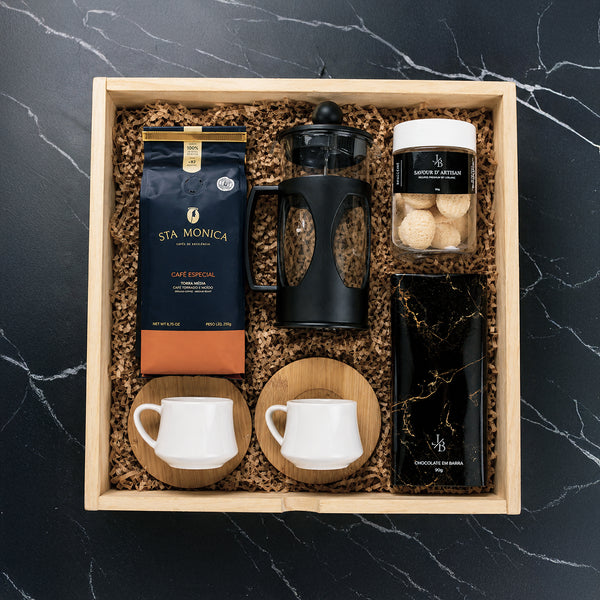 Kit Presente Wood Café Gourmet com Prensa Francesa e Xicaras Bambu