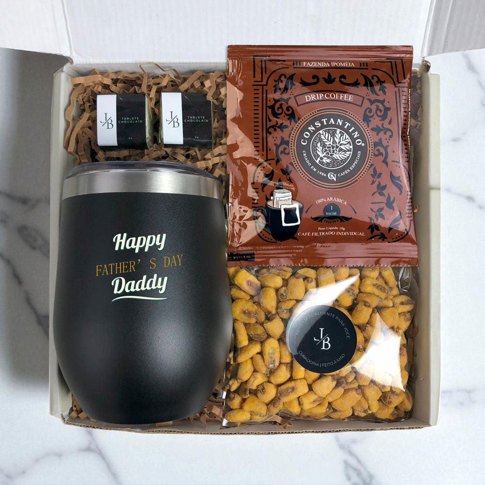 Kit Presente Dia dos Pais Copo Termico com Drip Coffee e Snacks