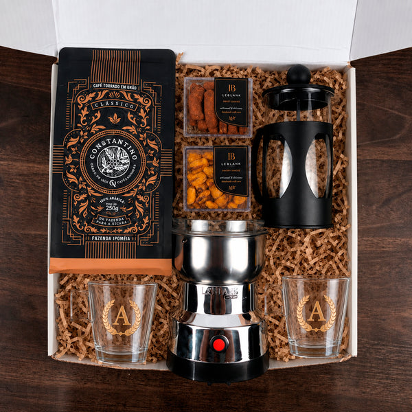 Kit Presente Café em Grãos com Moedor Elétrico e Xícaras Personalizadas